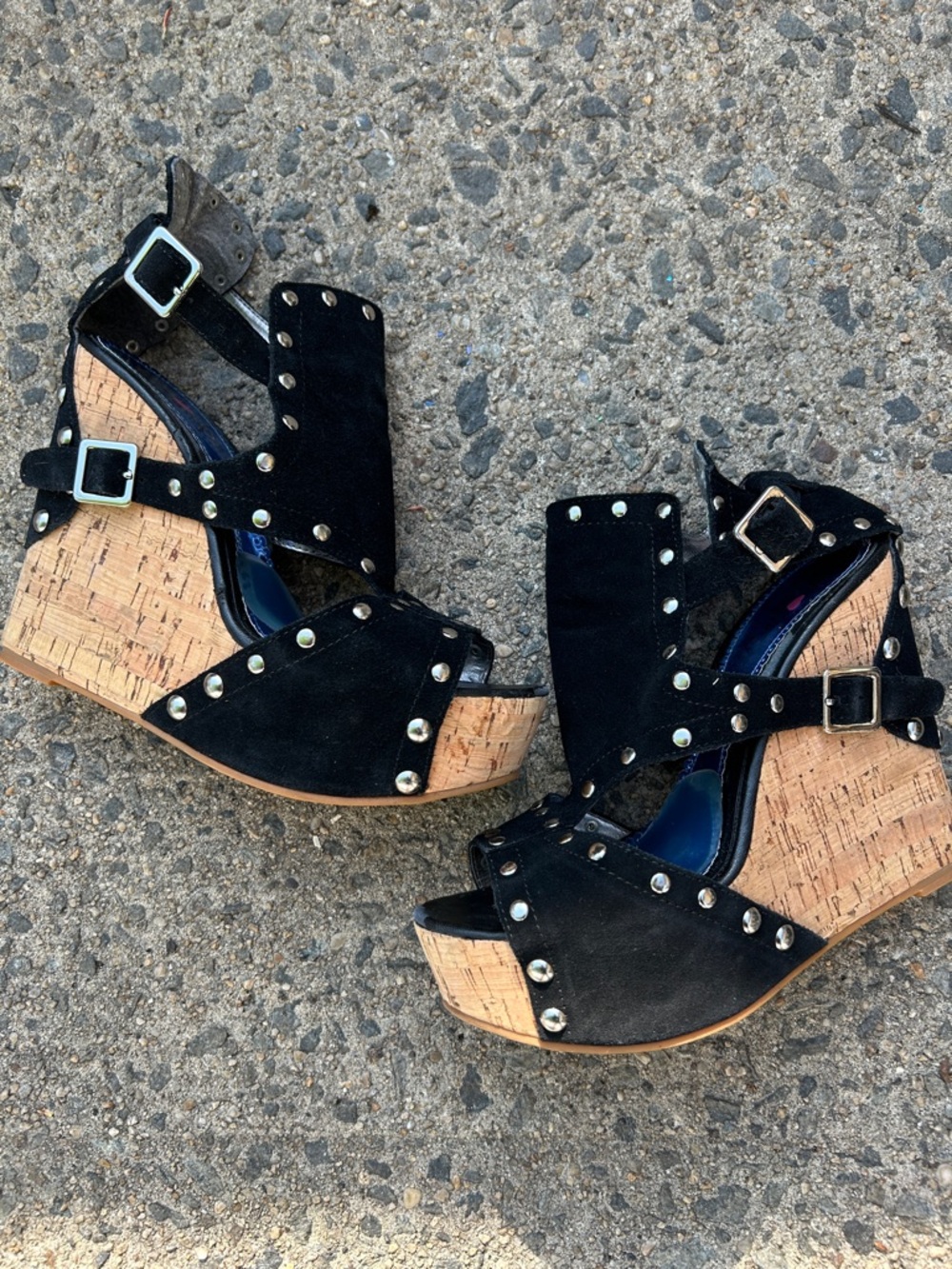 Luichiny Black Suede Studded Cork Wedges